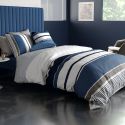 Parure housse de couette 260x240cm + 2 taies motif rayé bleu et blanc 100% coton - BELIAZY