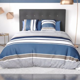 Parure housse de couette 240x220cm + 2 taies motif rayé bleu et blanc 100% coton - BELIAZY