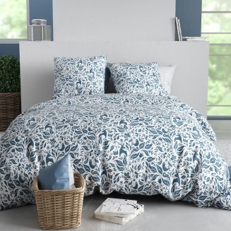Parure housse de couette 260x240cm + 2 taies motif bucolique bleu 100% coton - BULMA