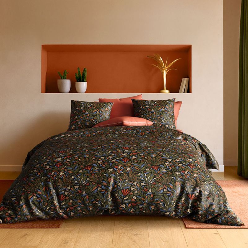 Parure housse de couette 260x240cm + 2 taies motif feuillage vert foncé 100% coton - BOLIVIA