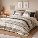 Parure housse de couette 240x220cm + 2 taies motif bohème écru et noir 100% coton - SILESY