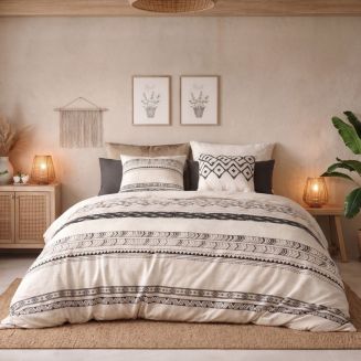Parure housse de couette 260x240cm + 2 taies motif bohème écru et noir 100% coton - SILESY