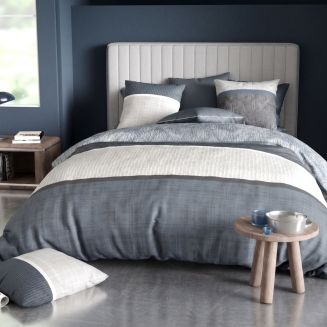 Parure housse de couette 240x220cm + 2 taies motif graphique bleu et gris 100% coton - ENEZIA