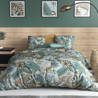 Parure housse de couette 260x240cm + 2 taies motif exotique bleu et vert 100% coton - YUCATAN