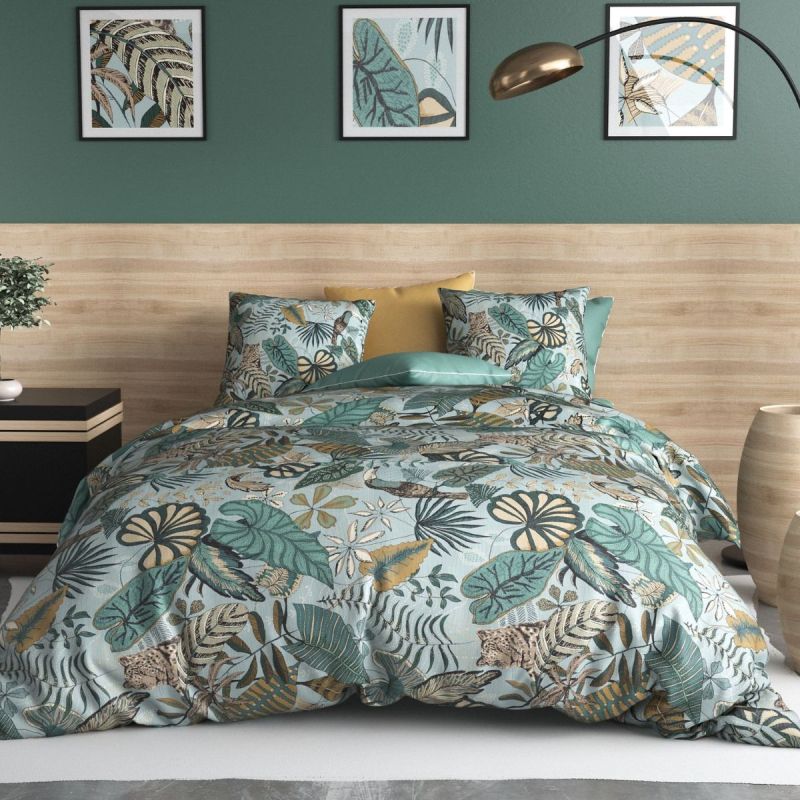 Parure housse de couette 260x240cm + 2 taies motif exotique bleu et vert 100% coton - YUCATAN