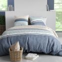 Parure housse de couette 260x240cm + 2 taies motif graphique bleu et taupe 100% coton - SOLIA