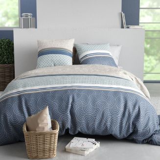 Parure housse de couette 260x240cm + 2 taies motif graphique bleu et taupe 100% coton - SOLIA