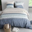 Parure housse de couette 260x240cm + 2 taies motif graphique bleu et taupe 100% coton - SOLIA