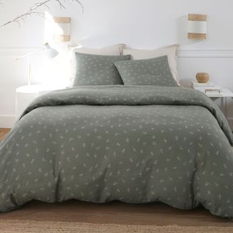 Parure housse de couette 240x220cm + 2 taies 100% gaze de coton vert de gris fleurie - GEODE
