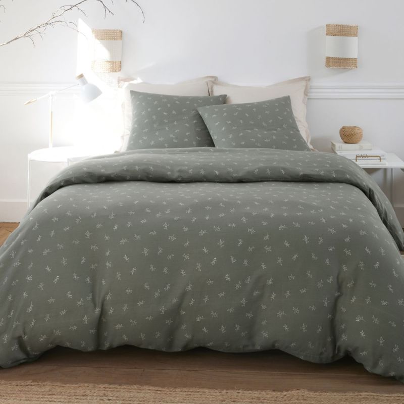 Parure housse de couette 260x240cm + 2 taies 100% gaze de coton vert de gris fleurie - GEODE