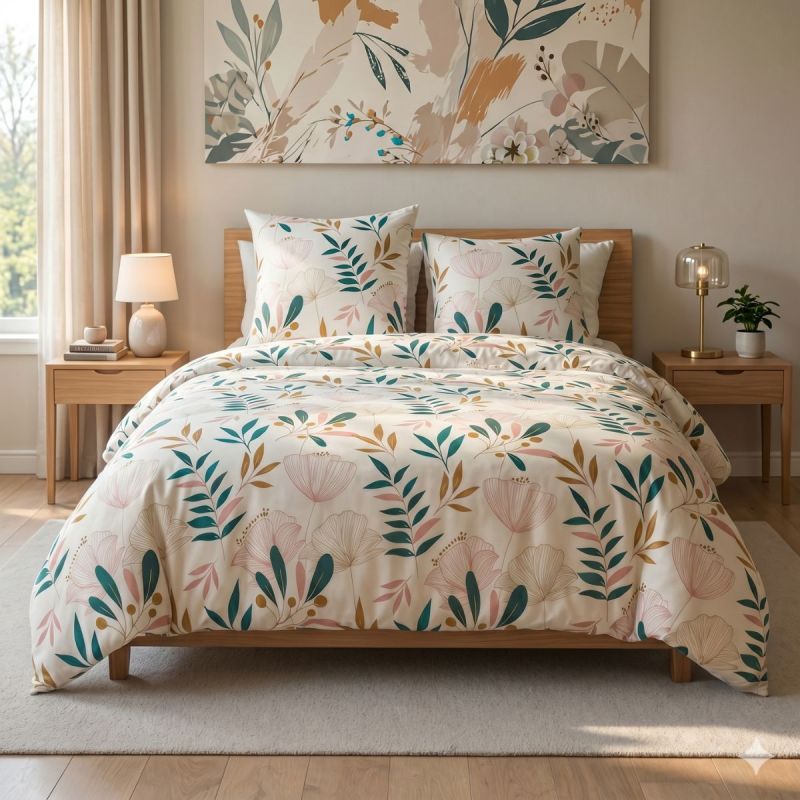 Parure housse de couette 240x220cm + 2 taies écru motif botanique 100% microfibre - LICELIA