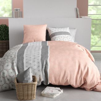 Parure housse de couette 240x220cm + 2 taies motif graphique rose et gris 100% coton - CLEOPHÉE