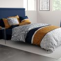 Parure housse de couette 240x220cm + 2 taies motif graphique bleu, ocre et blanc 100% coton - SILOE