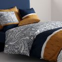 Parure housse de couette 240x220cm + 2 taies motif graphique bleu, ocre et blanc 100% coton - SILOE