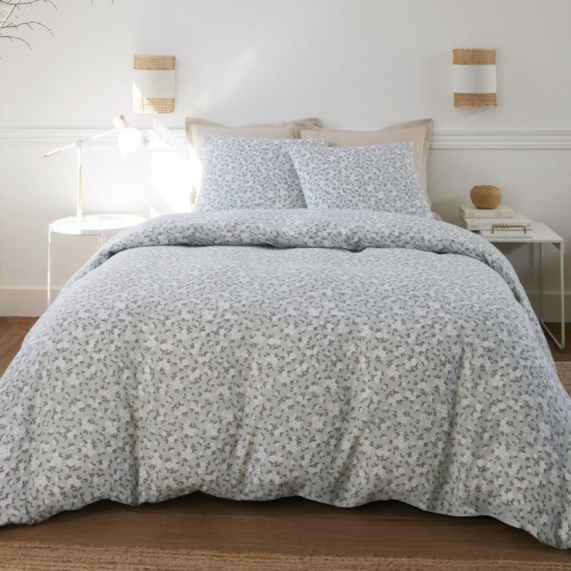 Parure housse de couette 240x220cm + 2 taies motif liberty céladon 100% gaze de coton - ELMA