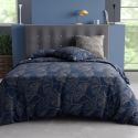 Parure housse de couette 240x220cm + 2 taies motif feuillage ginko bleu et gris 100% coton - EDONIE