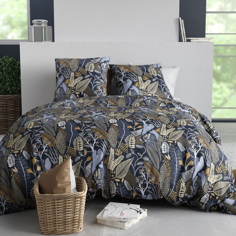 Parure housse de couette 240x220cm + 2 taies motif feuillage bleu et beige 100% coton - MAELIA