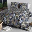 Parure housse de couette 240x220cm + 2 taies motif feuillage bleu et beige 100% coton - MAELIA