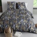 Parure housse de couette 240x220cm + 2 taies motif feuillage bleu et beige 100% coton - MAELIA