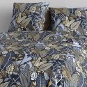 Parure housse de couette 240x220cm + 2 taies motif feuillage bleu et beige 100% coton - MAELIA