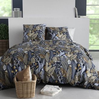 Parure housse de couette 260x240cm + 2 taies motif feuillage bleu et beige 100% coton - MAELIA