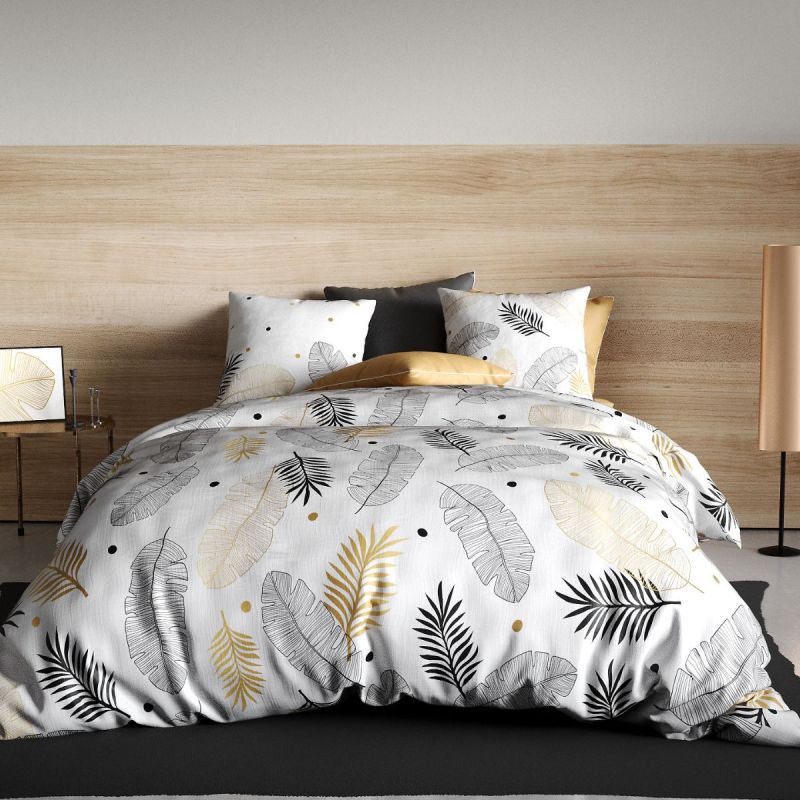 Parure housse de couette 260x240cm + 2 taies motif feuillage blanc, noir et or 100% coton - VOLKIA