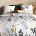 Parure housse de couette 260x240cm + 2 taies motif feuillage blanc, noir et or 100% coton - VOLKIA