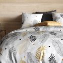 Parure housse de couette 260x240cm + 2 taies motif feuillage blanc, noir et or 100% coton - VOLKIA