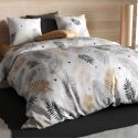 Parure housse de couette 260x240cm + 2 taies motif feuillage blanc, noir et or 100% coton - VOLKIA