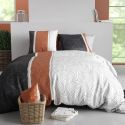 Parure housse de couette 240x220cm + 2 taies motif feuillage graphique bleu et rouge 100% coton - COSMIA