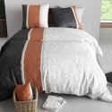 Parure housse de couette 240x220cm + 2 taies motif feuillage graphique bleu et rouge 100% coton - COSMIA
