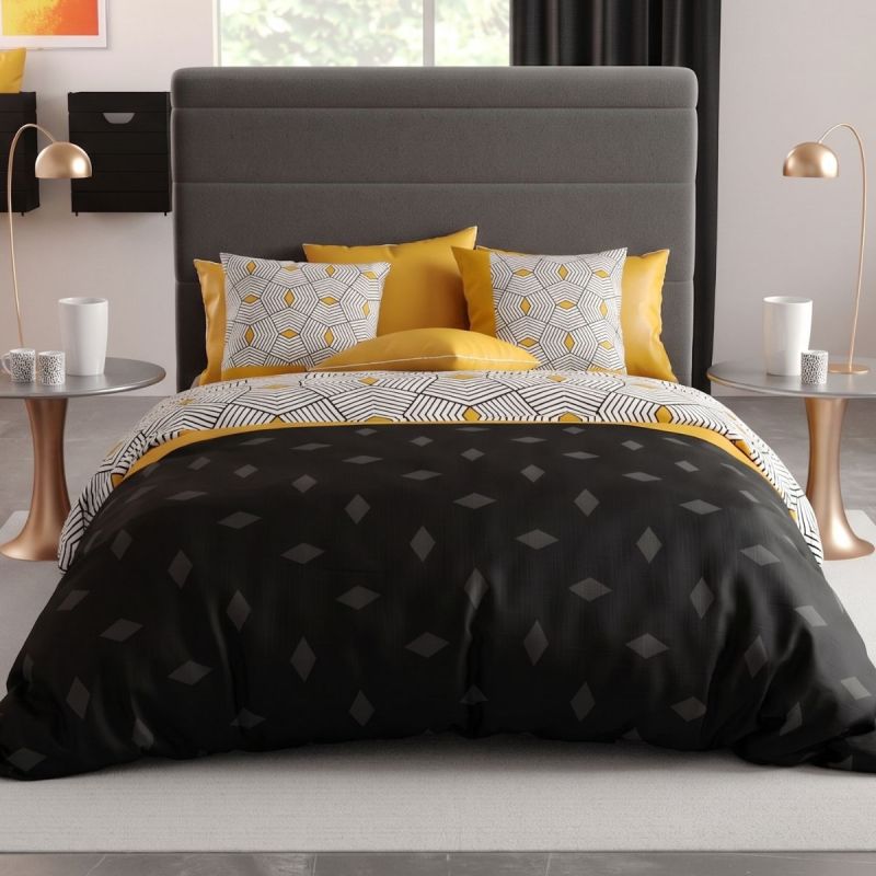 Parure housse de couette 240x220cm + 2 taies motif graphique jaune et noir 100% coton - FARANDOLE