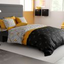 Parure housse de couette 240x220cm + 2 taies motif graphique jaune et noir 100% coton - FARANDOLE