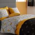 Parure housse de couette 240x220cm + 2 taies motif graphique jaune et noir 100% coton - FARANDOLE