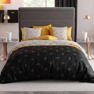 Parure housse de couette 260x240cm + 2 taies motif graphique jaune et noir 100% coton - FARANDOLE