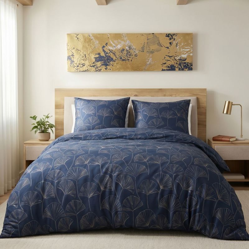 Parure housse de couette 240x220cm + 2 taies motif feuillage ginko bleu et beige 100% microfibre - VALFOR