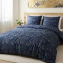 Parure housse de couette 240x220cm + 2 taies motif feuillage ginko bleu et beige 100% microfibre - VALFOR