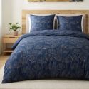 Parure housse de couette 240x220cm + 2 taies motif feuillage ginko bleu et beige 100% microfibre - VALFOR