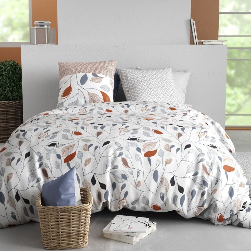 Parure housse de couette 240x220cm + 2 taies blanc motif feuillage bleu et rouille 100% coton - TILDA