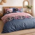 Parure housse de couette 240x220cm + 2 taies motif floral bleu et rose 100% coton - BLUM