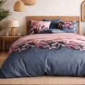 Parure housse de couette 240x220cm + 2 taies motif floral bleu et rose 100% coton - BLUM