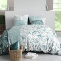 Parure housse de couette 240x220cm + 2 taies motif feuillage vert et blanc 100% coton - OLIZE