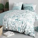 Parure housse de couette 240x220cm + 2 taies motif feuillage vert et blanc 100% coton - OLIZE