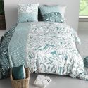 Parure housse de couette 240x220cm + 2 taies motif feuillage vert et blanc 100% coton - OLIZE