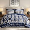 Parure housse de couette 240x220cm + 2 taies motif fleurs bleu et blanc 100% coton - LIZIO