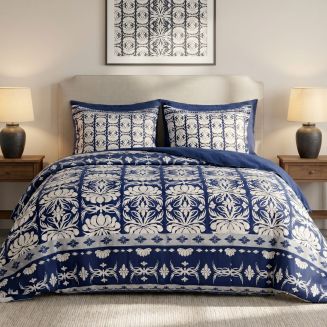 Parure housse de couette 240x220cm + 2 taies motif fleurs bleu et blanc 100% coton - LIZIO
