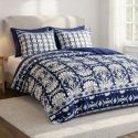 Parure housse de couette 240x220cm + 2 taies motif fleurs bleu et blanc 100% coton - LIZIO