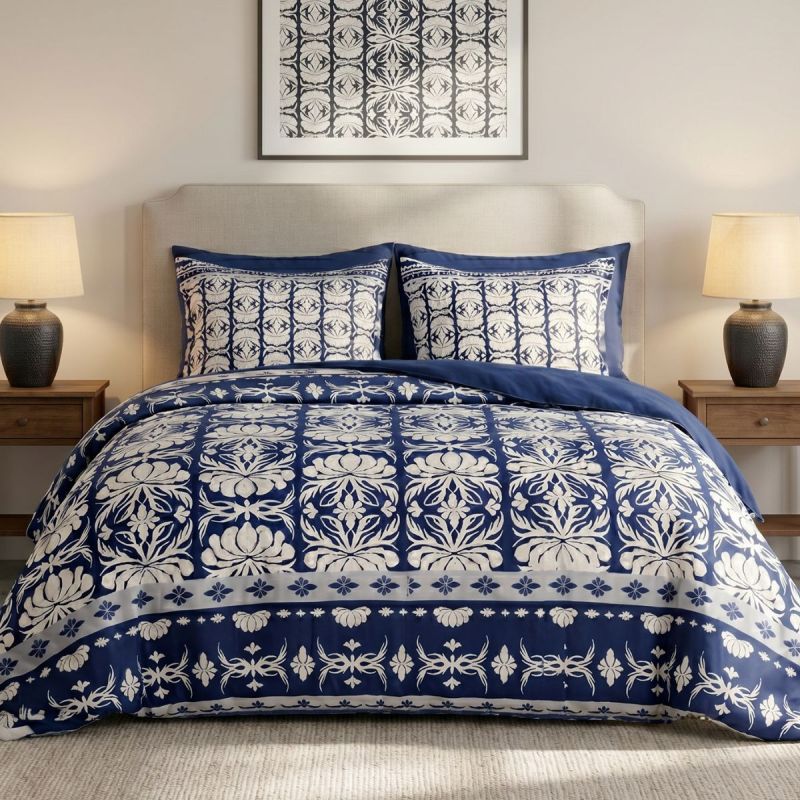 Parure housse de couette 260x240cm + 2 taies motif fleurs bleu et blanc 100% coton - LIZIO