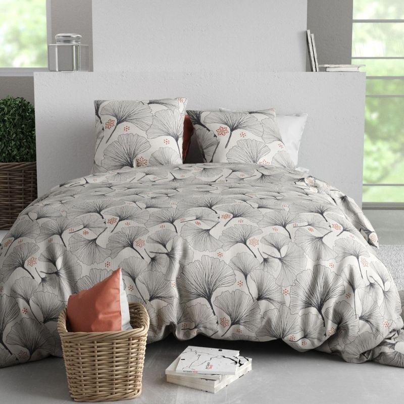 Parure housse de couette 240x220cm + 2 taies motif feuillage ginko gris 100% coton - FREZIA