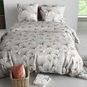 Parure housse de couette 240x220cm + 2 taies motif feuillage ginko gris 100% coton - FREZIA
